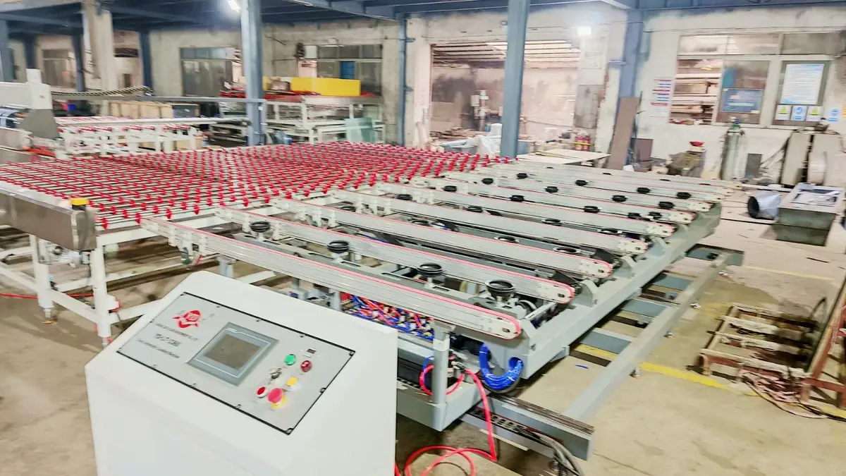 A high-angle perspective inside a factory, focusing on the machine's conveyor rollers and the control console in the foreground, with the industrial facility visible in the background.