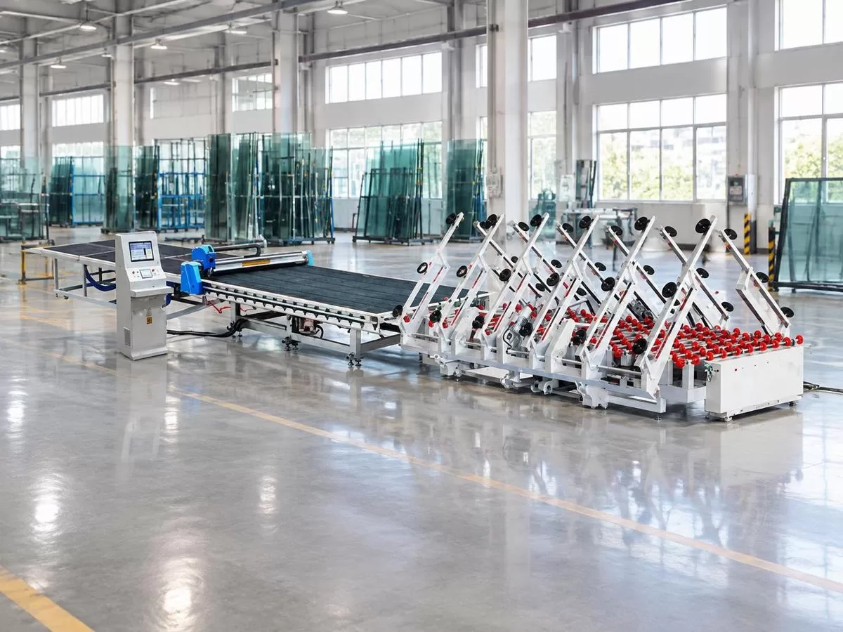 Full side-profile view of the entire production line. The machine features a long, dark-surfaced cutting table on the left with a control console, connected to a multi-arm automatic glass loading system on the right. The frame is painted in industrial light grey and blue, set against a plain light grey background.