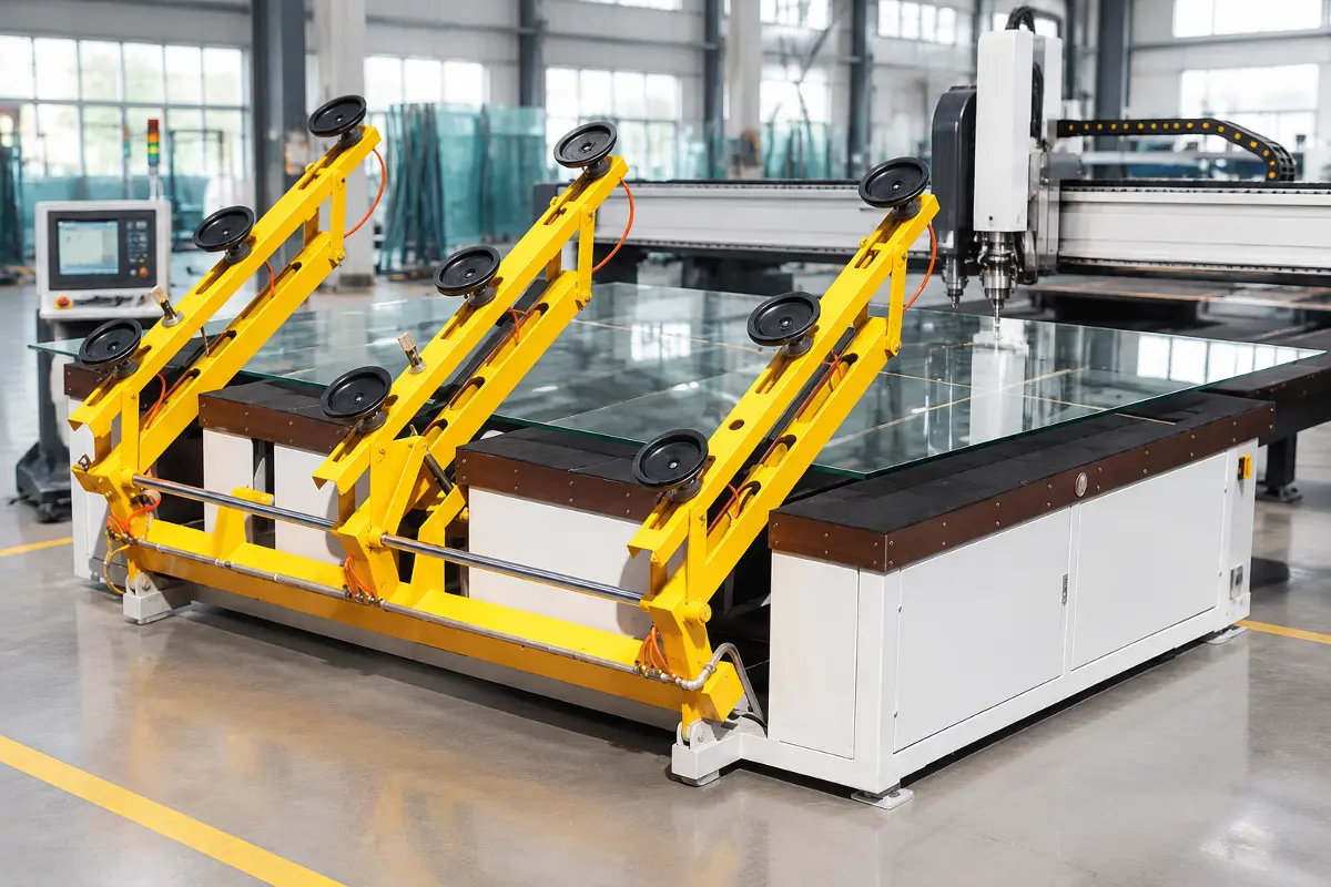 Close-up of the glass loading mechanism. Features bright yellow mechanical arms equipped with black rubber suction cups, mounted on a white base. The image captures the mechanical joints and pneumatic hoses, showing the machine's functional design.