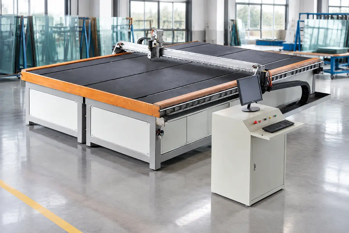 A 45-degree angle view of the CNC cutting table section. The image focuses on the gantry bridge, the cutting head, and the control console. The machine has a grey and blue color scheme, with visible cabling and precision rails.