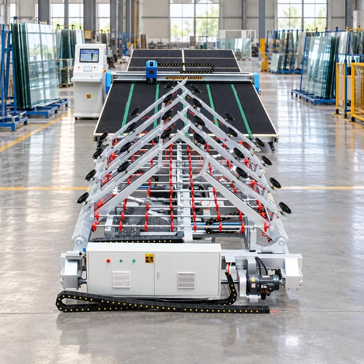 Automatic Glass Loading Section with Suction Cups Front 45-degree view of the automatic glass loading section with black suction cups, red rollers, and white control cabinet