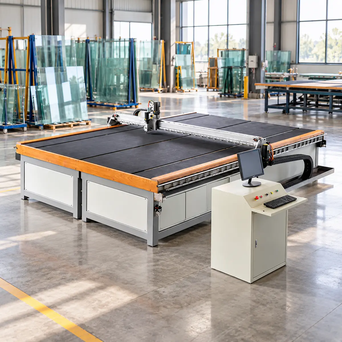 CNC Glass Cutting Gantry Bridge and Control Console 45-degree angle view of the CNC glass cutting table showing the gantry bridge, cutting head, precision rails, and control console