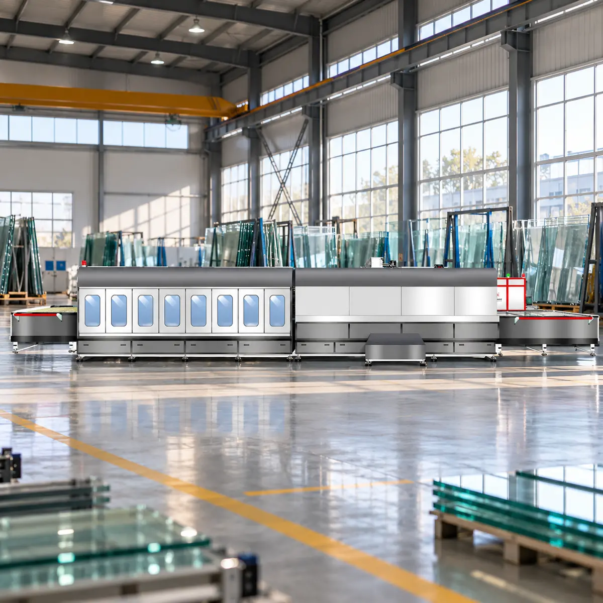 Industrial Glass Tempering Furnace Large-scale industrial glass tempering furnace with inspection windows and metallic grey housing