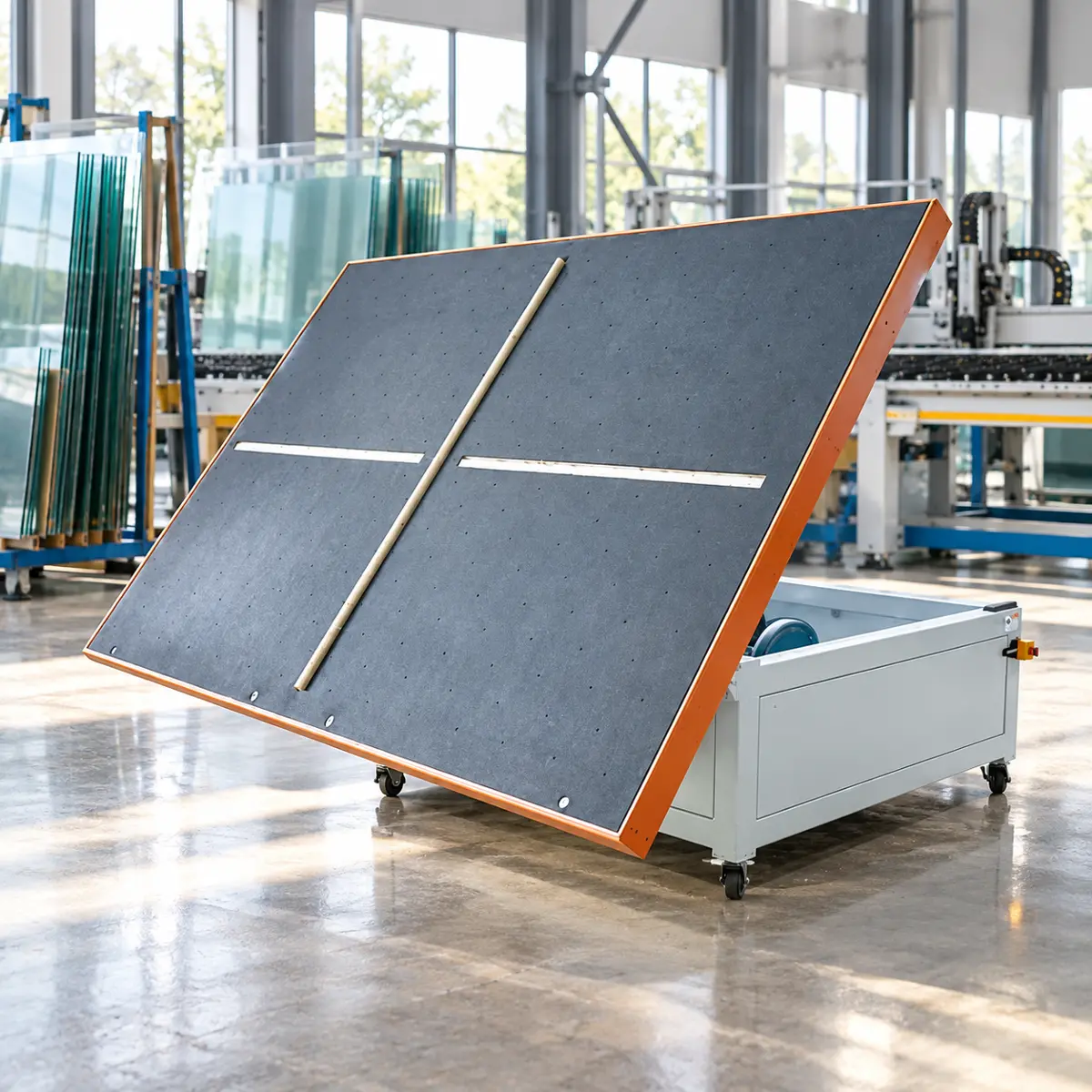Tilted Glass Cutting Table with Black Felt Surface Side view of a tilted glass cutting and breaking table with a black felt surface and heavy-duty casters
