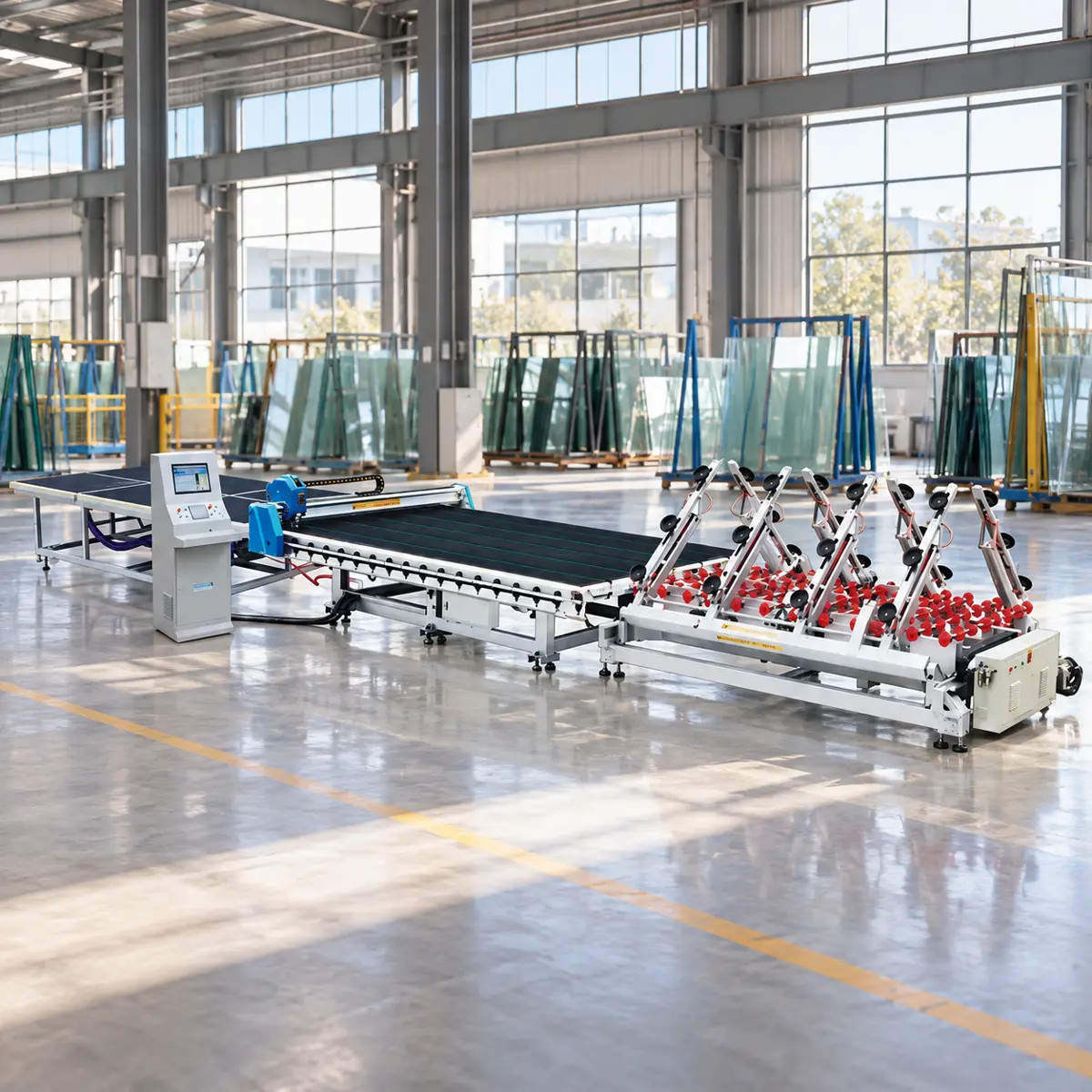 YD-CTL CNC Glass Cutting Production Line Wide-angle studio view of the complete YD-CTL CNC glass cutting production line from loading arms to cutting bridge