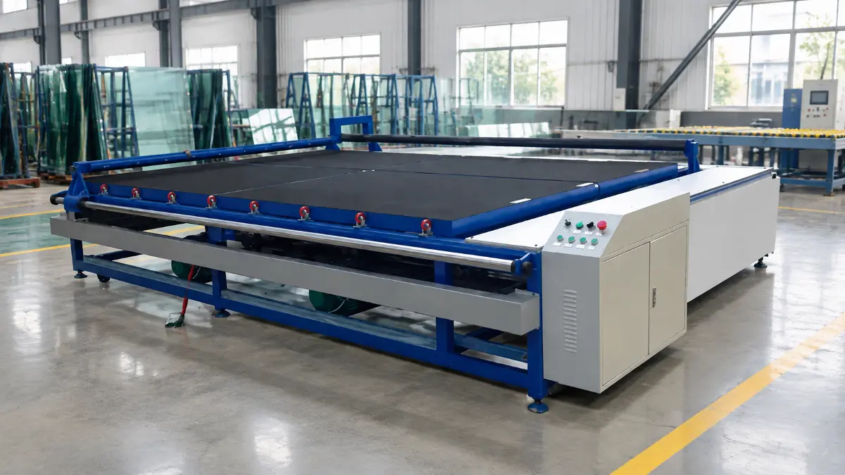 CNC Cutting Table Station A side-angle view of a glass cutting table unit