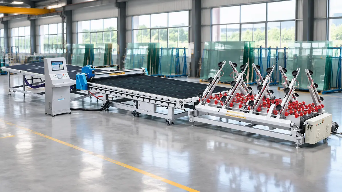 Complete CNC Glass Processing Line Wide-angle studio shot of the complete YD-CTL production line