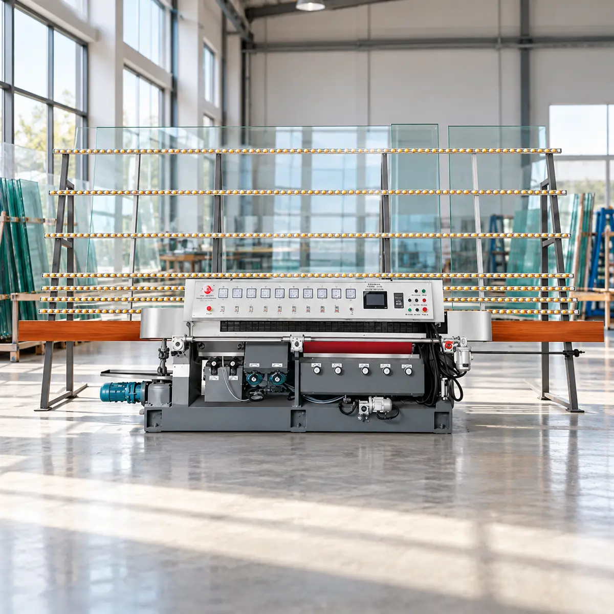 45-Degree Vertical Glass Beveling Machine Control Console Front view of the 45-degree vertical beveling machine with digital display and analog gauges