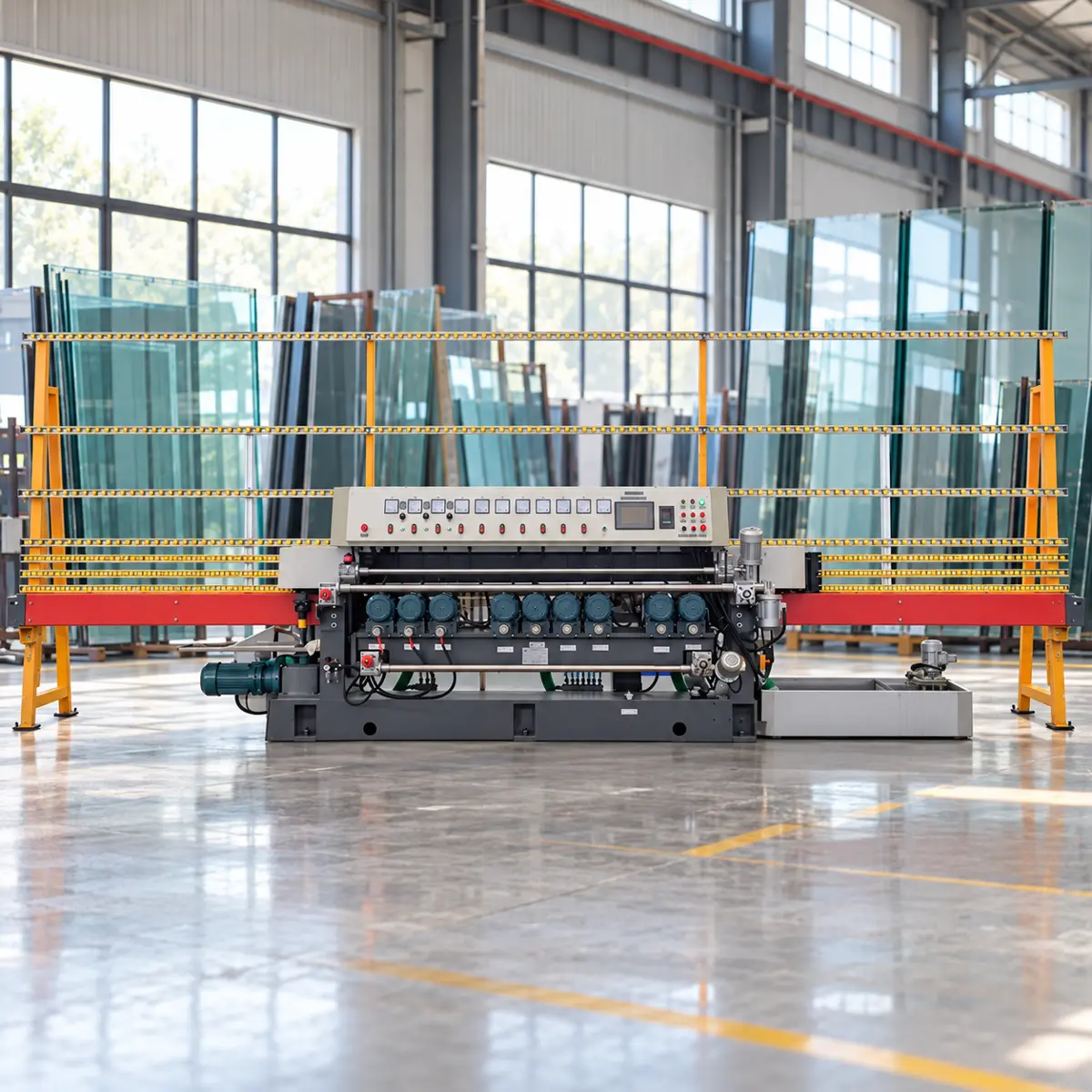 Beveling Machine Grinding Spindles and Water Cooling Station Detailed side view of the beveling machine grinding station showing mechanical spindles and water cooling components