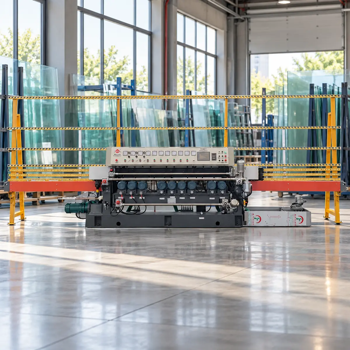 YD-BM Series Vertical Mirror and Glass Edge Beveling Machine Front studio view of the YD-BM vertical mirror and glass edge beveling machine