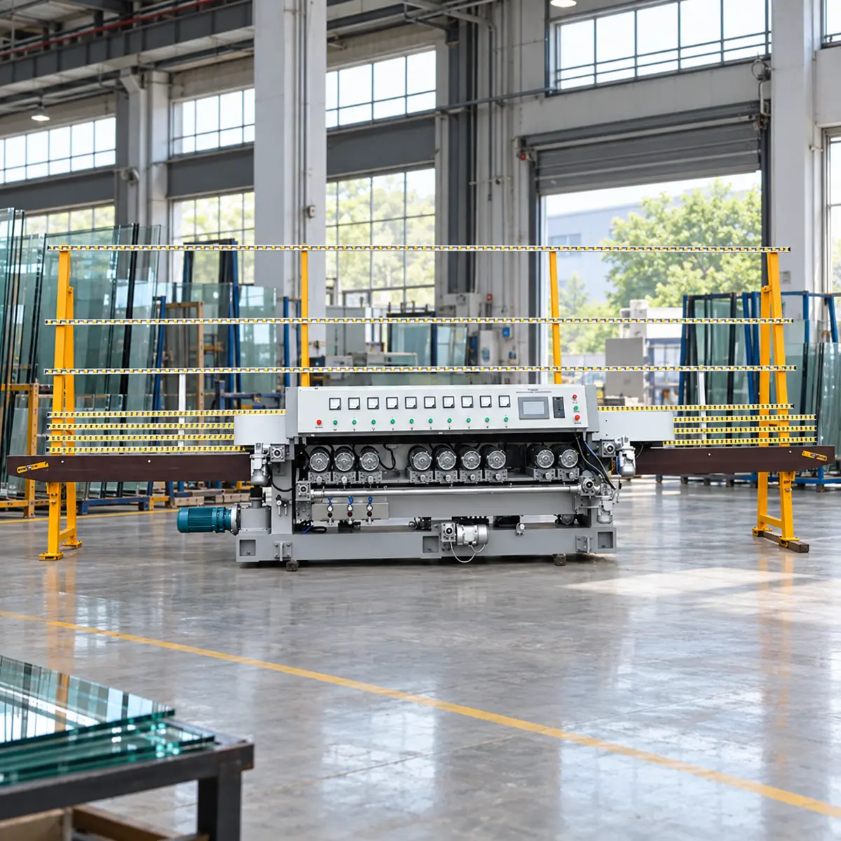 YD-BM Vertical Straight-Line Beveling Machine in Factory Full length front view of the YD-BM vertical beveling machine installed in a factory with yellow support rack