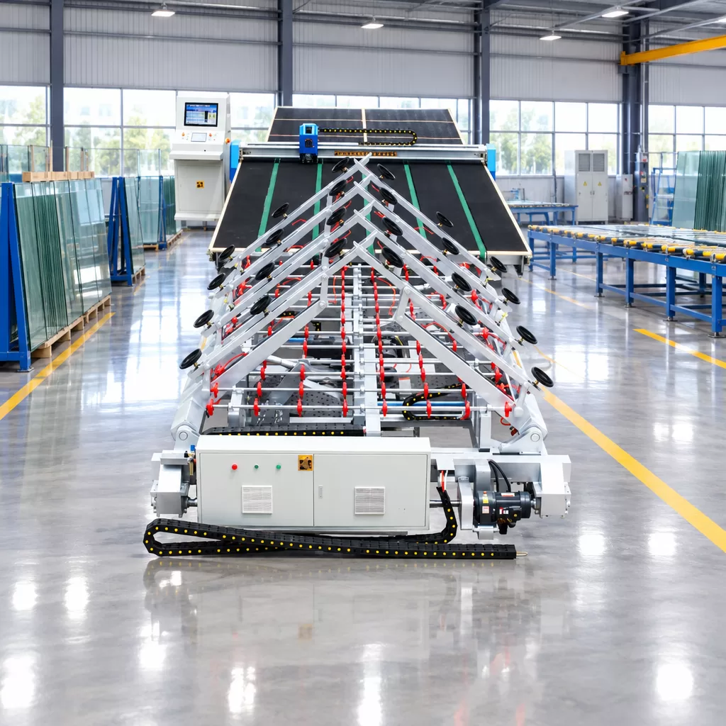 Multi-Arm Automatic Glass Loading Station Front 45-degree perspective of the automatic glass loading section with suction cups and rollers
