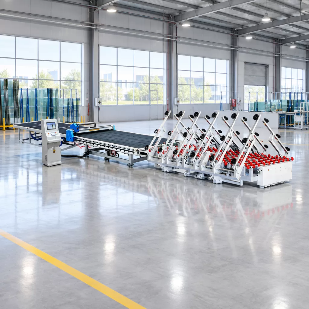 Side Profile of Integrated Glass Cutting Line Full side-profile view of the YD-CTL glass cutting production line showing the loading station and CNC cutting table