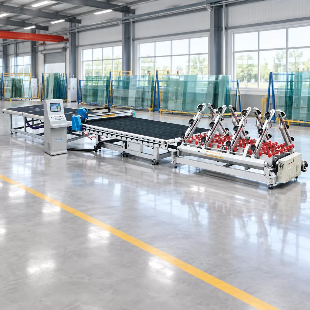 YD-CTL Automated CNC Glass Cutting Production Line Wide-angle studio view of the complete YD-CTL automated glass cutting production line with loading arms and CNC bridge