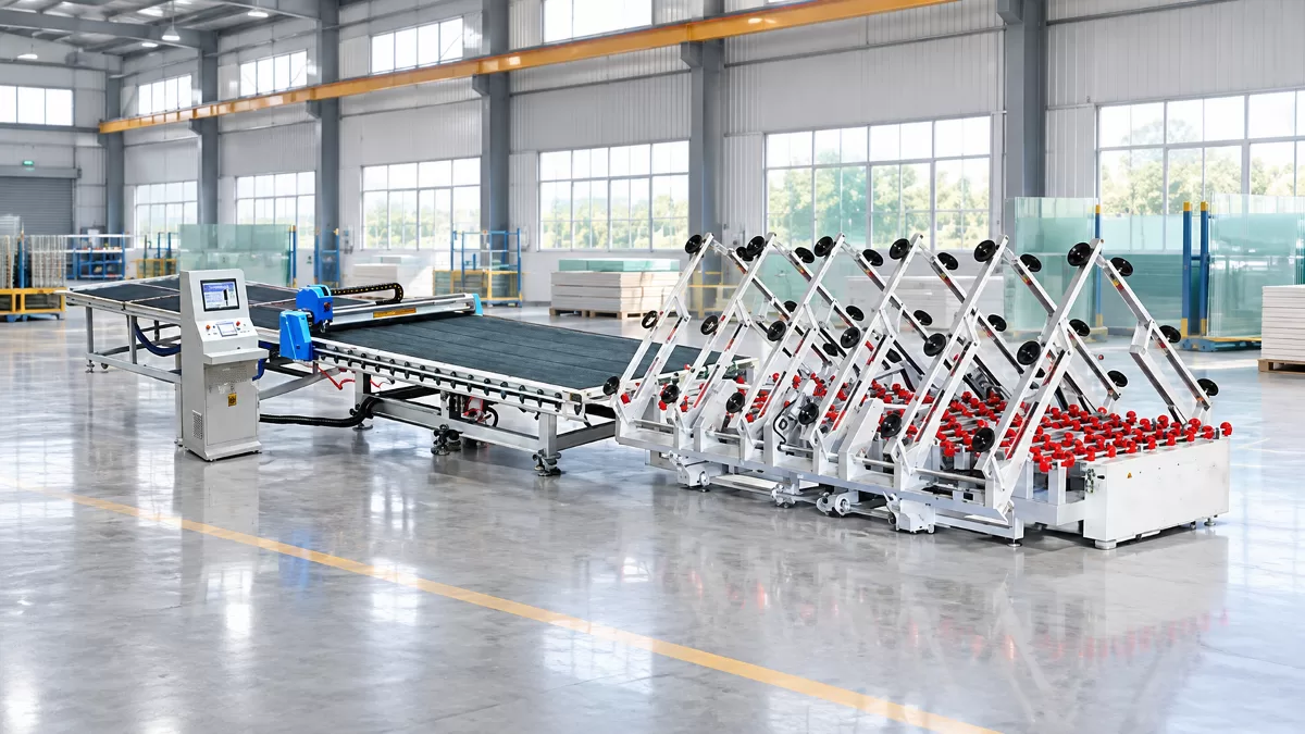 Automated Glass Loading and Cutting Line Profile Full side-profile view of the automated glass cutting production line showing the cutting table and multi-arm loader