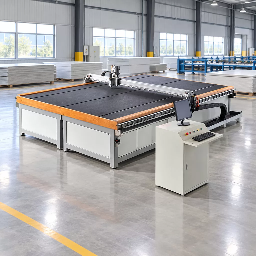 CNC Glass Cutting Gantry Bridge and Console 45-degree angle view of the CNC glass cutting table highlighting the gantry bridge, cutting head, and control console