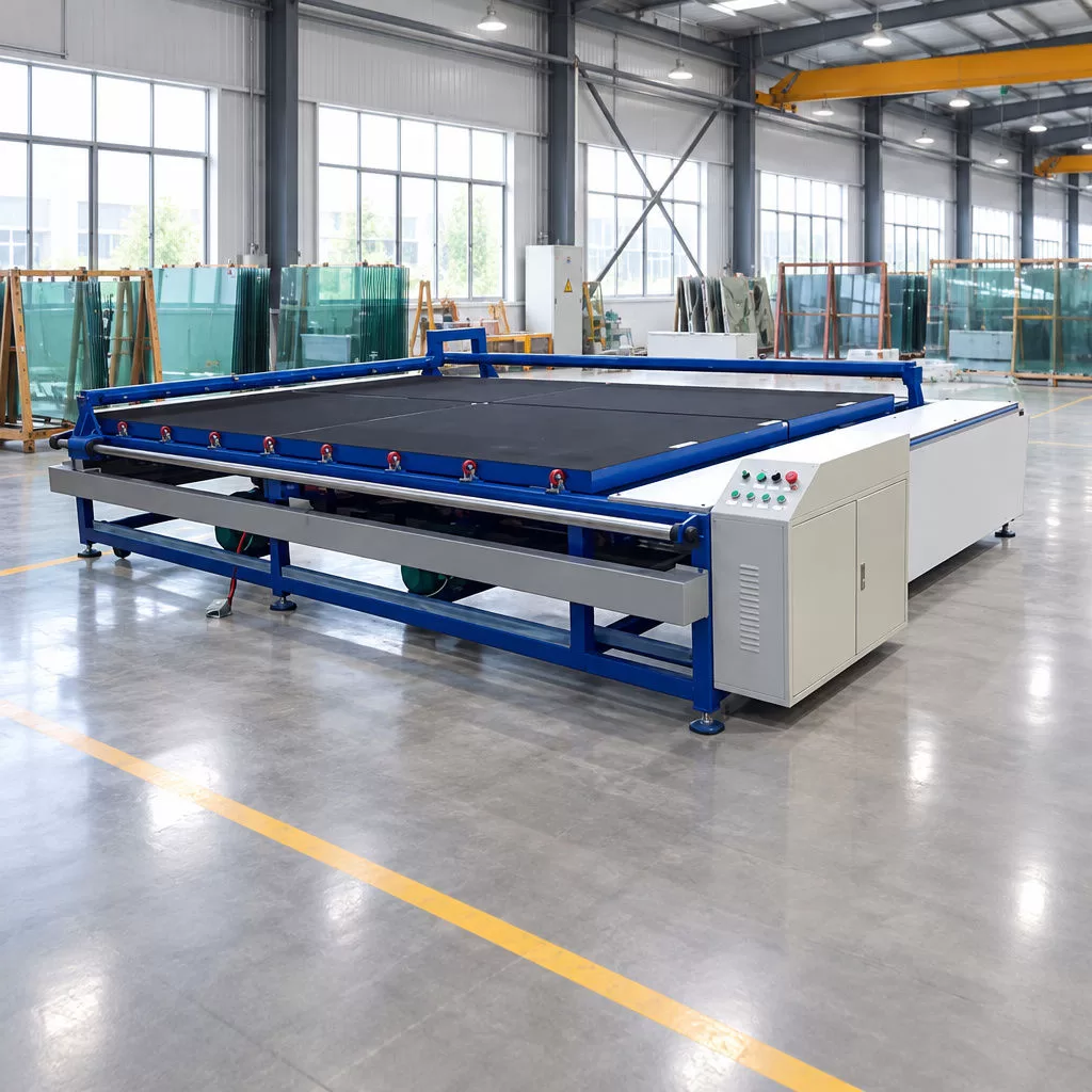 Industrial Glass Cutting Table and Control Unit Side-angle view of the industrial glass cutting table unit with a blue steel frame and black felt work surface