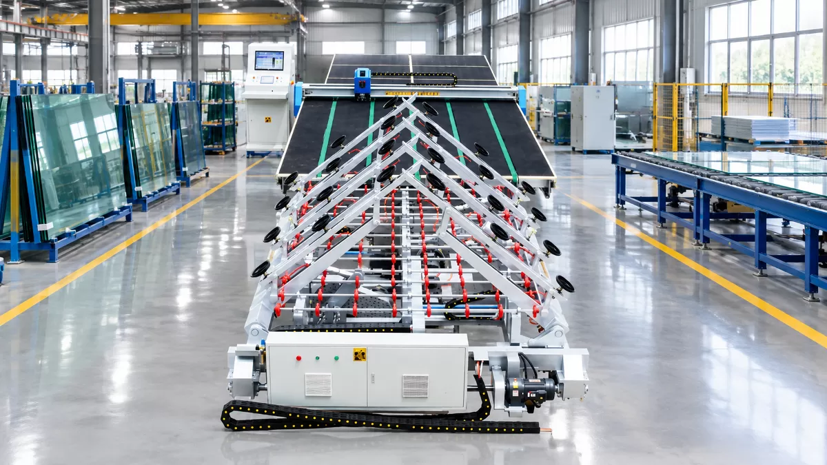 Multi-Arm Vacuum Glass Loading Station Front-facing 45-degree perspective of the glass loading section with black suction cups and red conveyor rollers