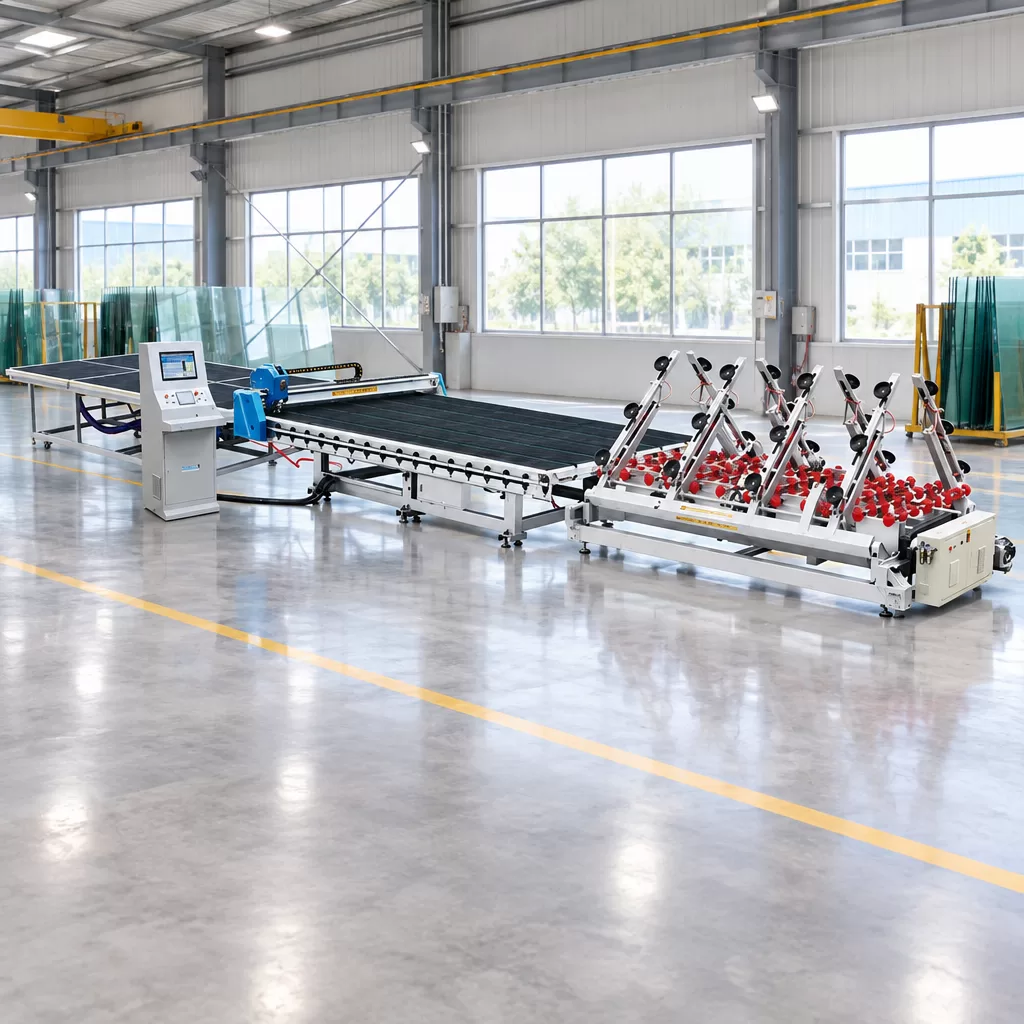 YD-CTL CNC Glass Cutting Production Line Wide-angle studio view of the complete YD-CTL CNC glass cutting production line from loading arms to cutting bridge