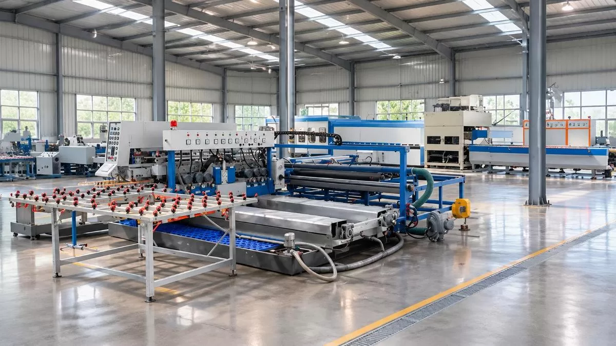Automated Glass Processing Plant Floor Industrial factory floor with an integrated double edging line