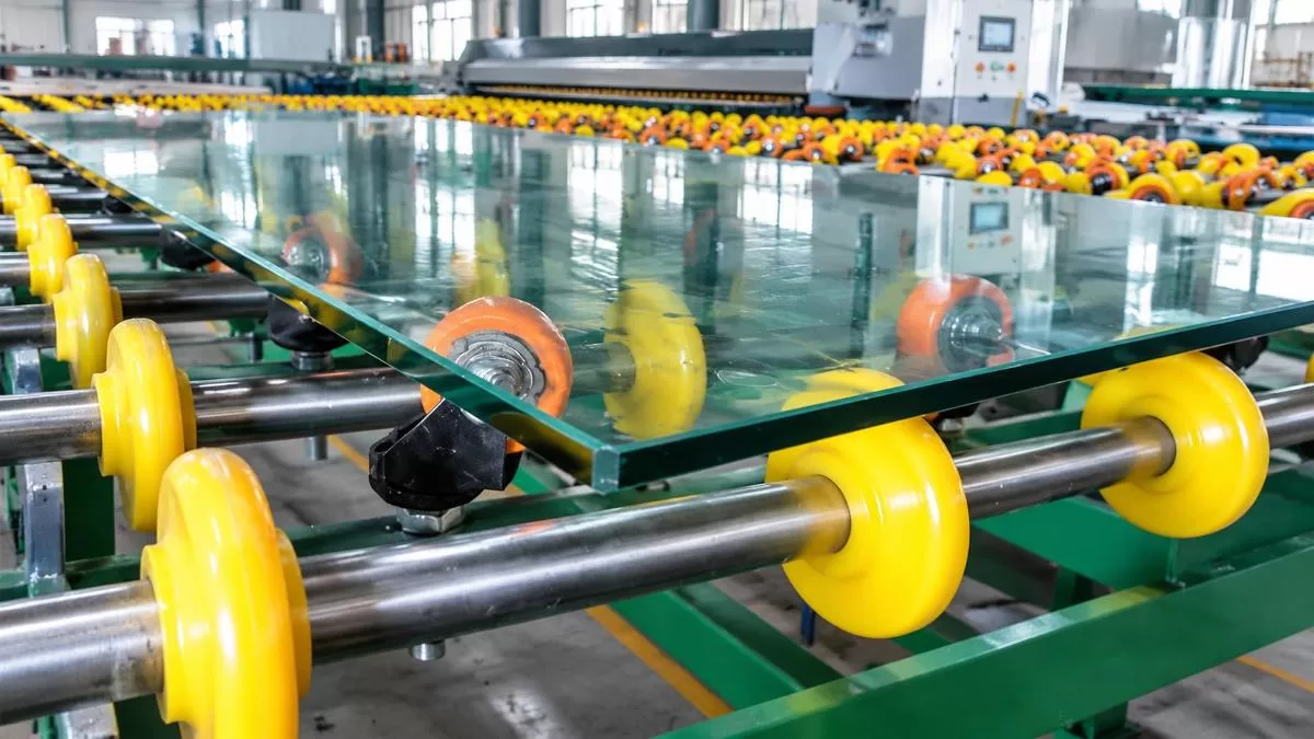 Conveyor Roller System for Glass Edging Conveyor system transporting flat glass along yellow rubber rollers