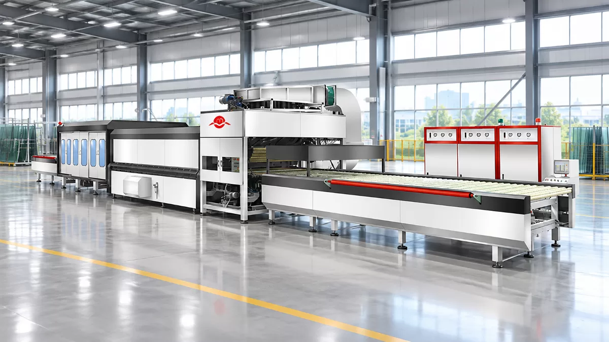 Horizontal Flat Glass Tempering Furnace YD-F Front-view studio render of the Horizontal Flat Glass Tempering Furnace YD-F showing modular heating chamber and roller conveyor