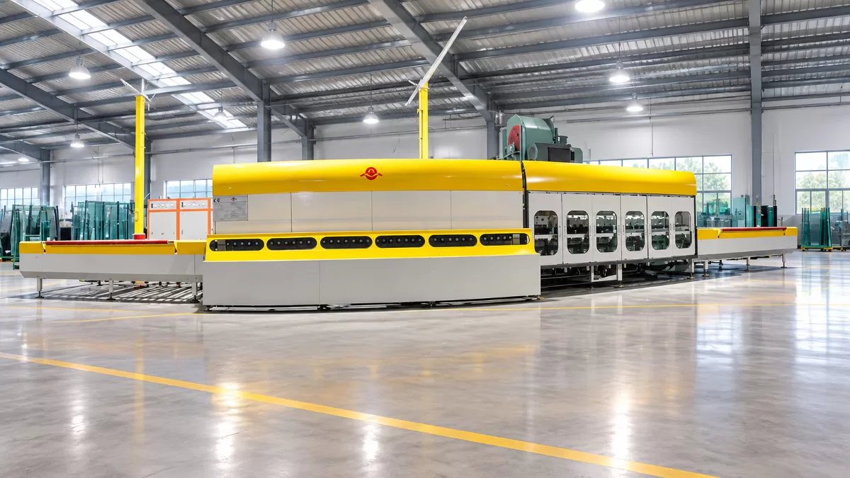Industrial Warehouse Installation of Horizontal Tempering Furnace Wide-angle view of the yellow and white horizontal tempering furnace installed on a concrete floor in an industrial warehouse