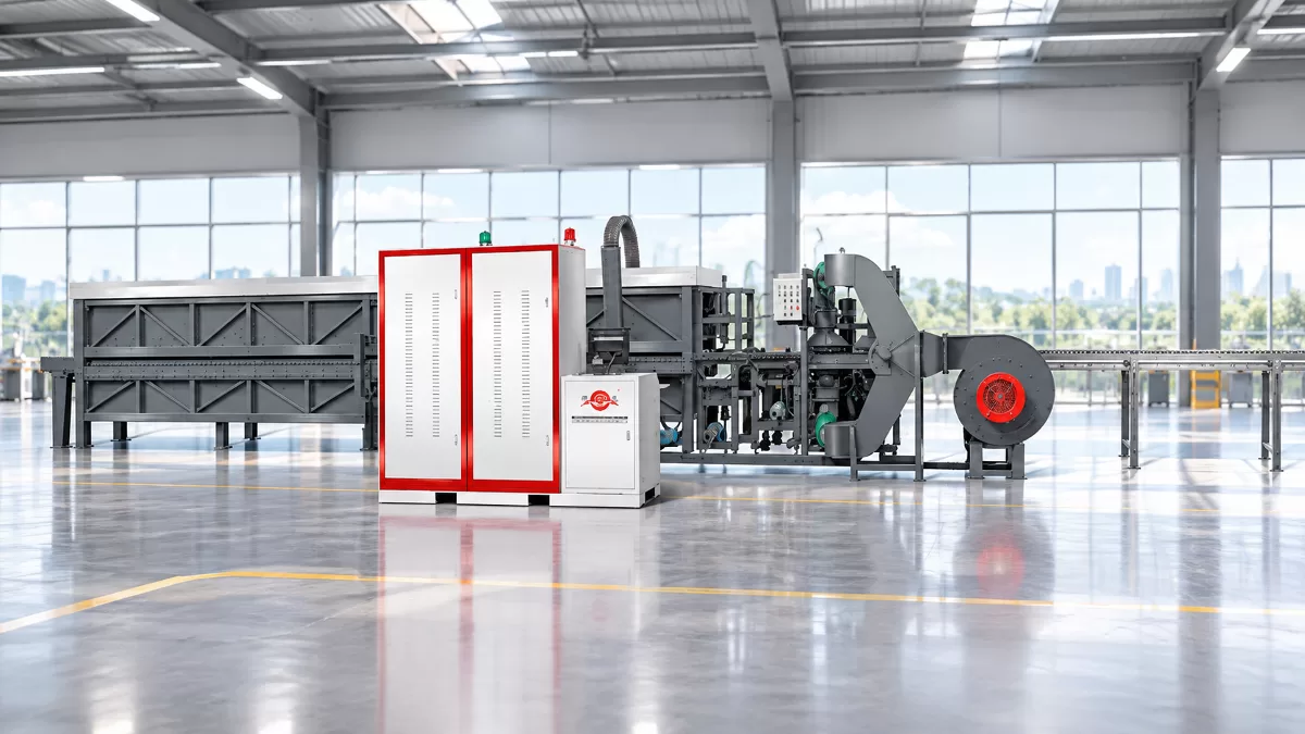 Tempering Furnace Profile and Processed Glass Samples Side-view profile of the tempering furnace mechanical frame and exhaust systems alongside three transparent circular glass pot lids
