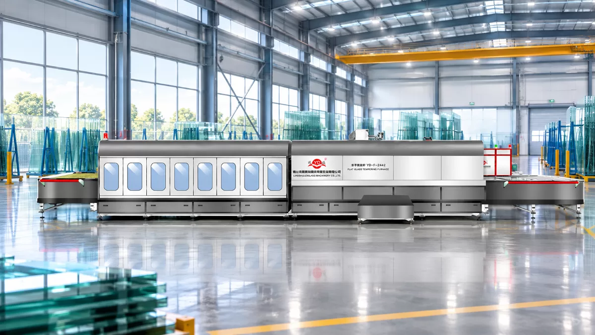 YD-F-2442 Horizontal Tempering Furnace Banner Marketing banner displaying the YD-F-2442 horizontal flat glass tempering furnace and company branding