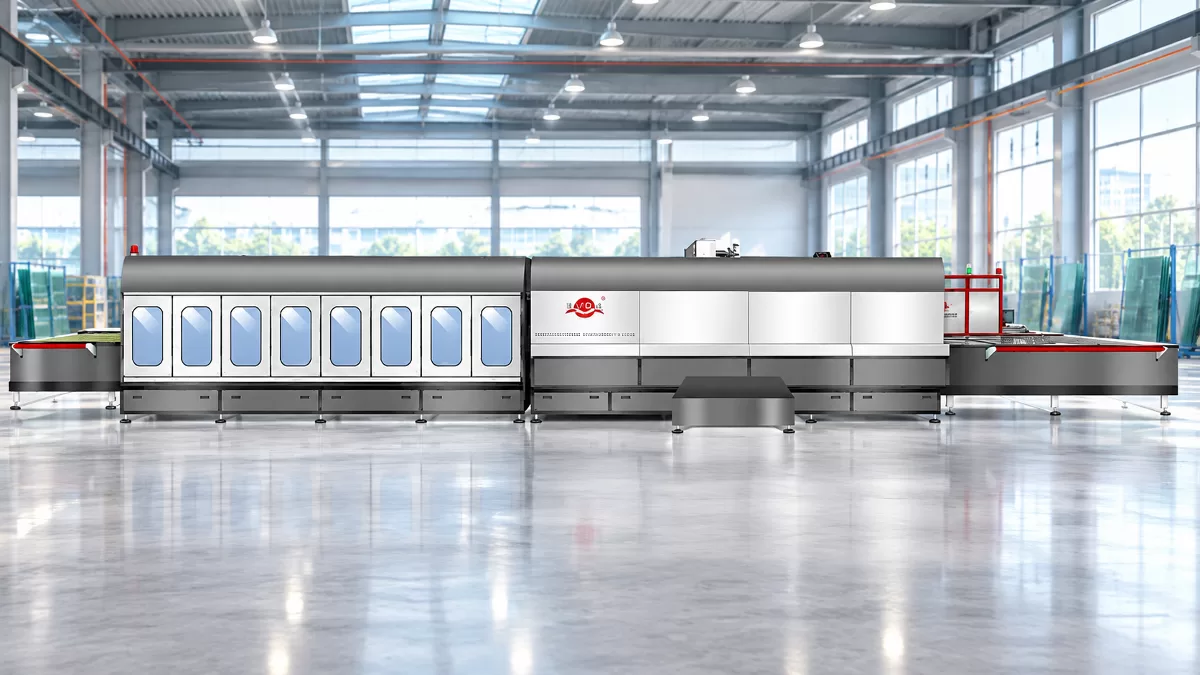 YD-F-2442 Tempering Line Assembly Wide flat-angle render of the YD-F-2442 horizontal tempering furnace continuous assembly line with central control console