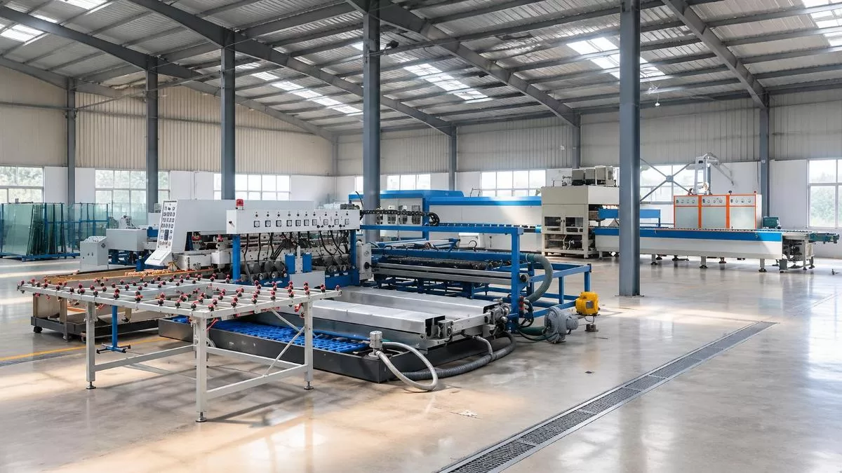 Automated Double Edger Line In Factory Full view of an automated glass double edging line on a factory floor