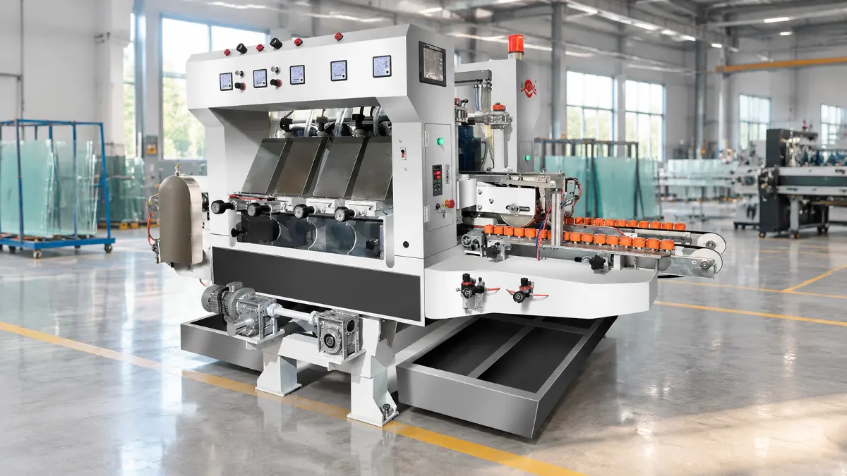 Double Edging Machine Chassis And Motors Side profile of glass double edging machine showing motors and gearing