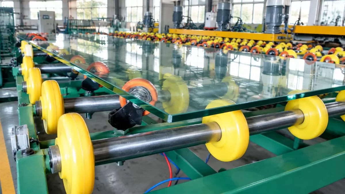 Glass Sheet On Conveyor System Conveyor rollers guiding a flat glass pane into the grinding section