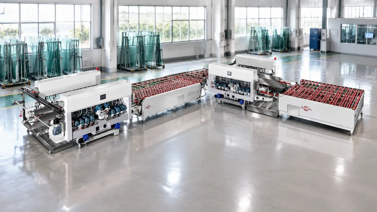 L-Shaped Double Edging Line Configuration Modular L-shaped glass double edging production line render