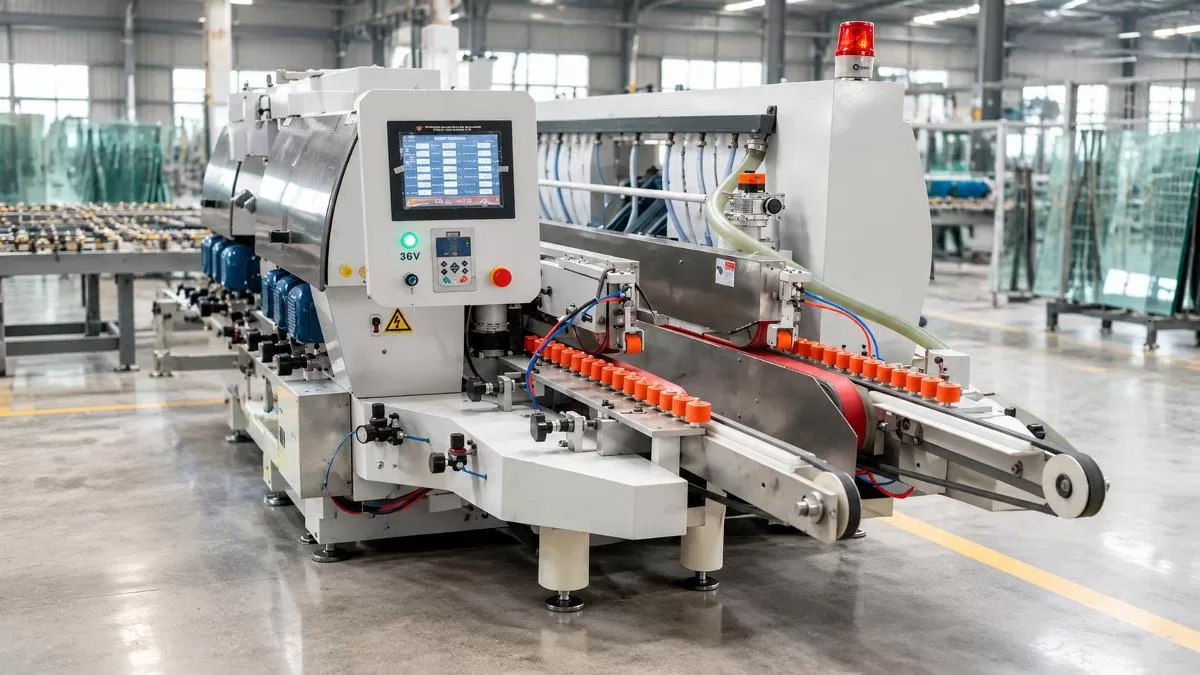 Touchscreen Control Panel And Spindle Station Operator digital interface and grinding head assembly on an industrial edger